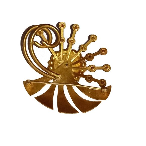 Unique Mid Century Gold Tone Metal Rhinestone Brooch - Picture 7 of 8